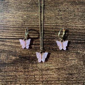 Baby pink butterfly earrings and necklace set